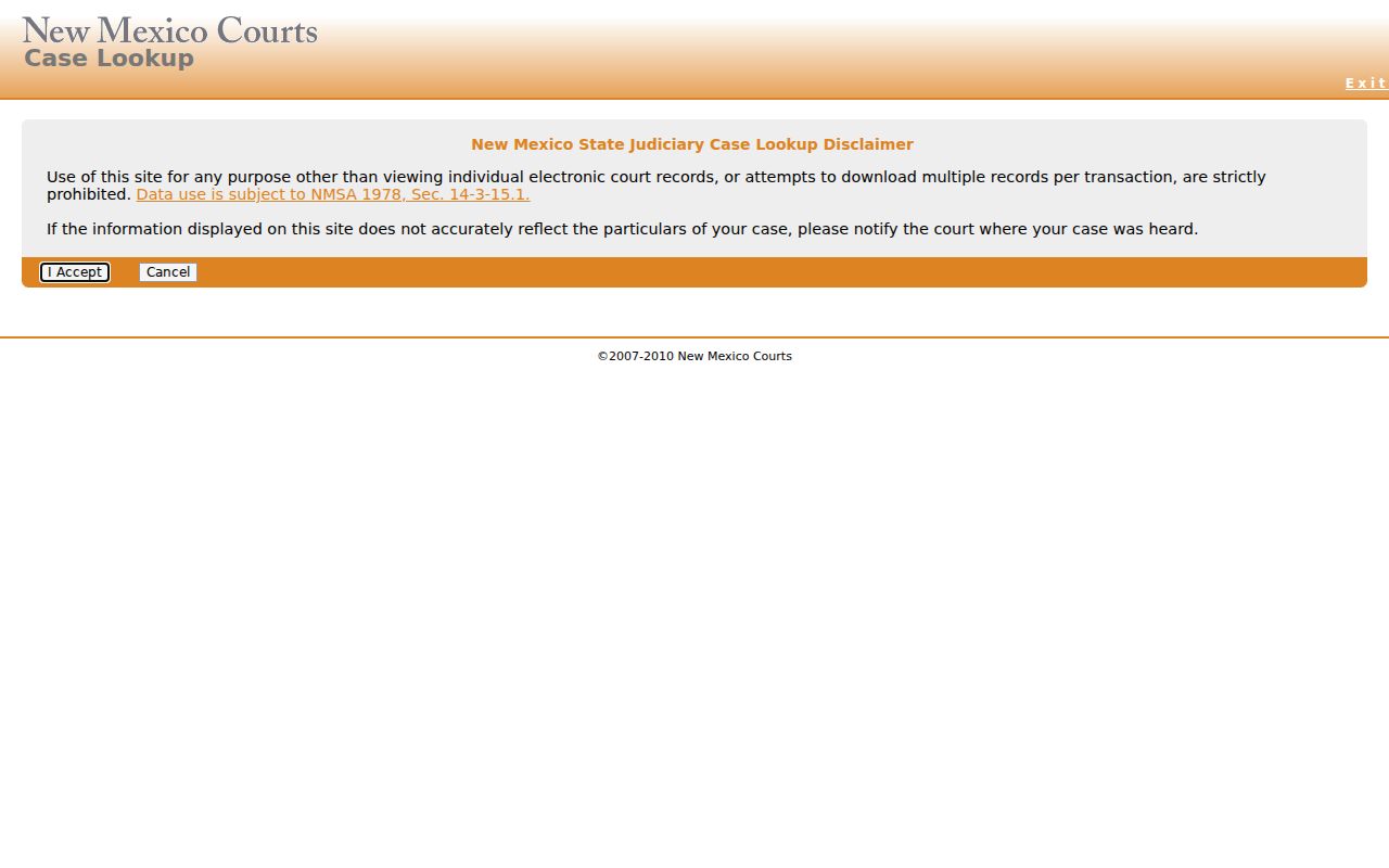 Valencia County warrant search Case Lookup screen