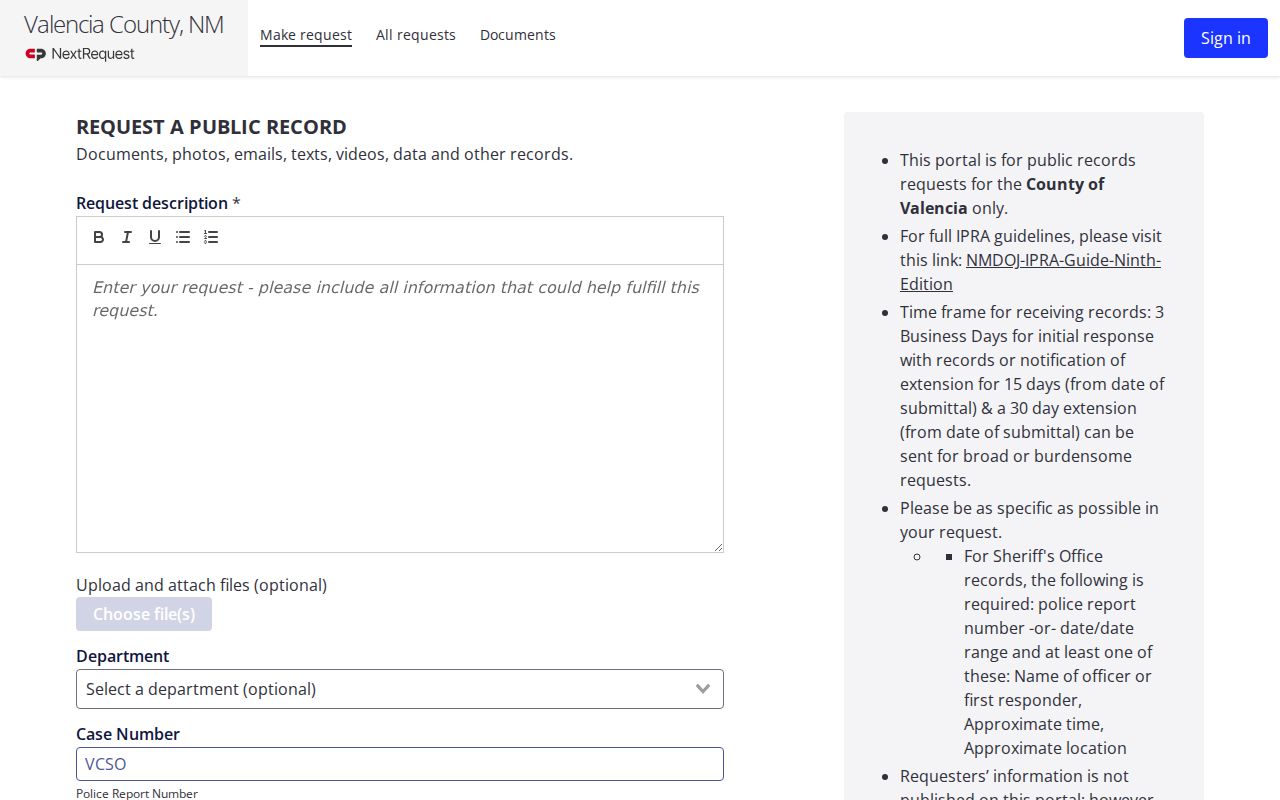 Valencia County warrant records NextRequest request form